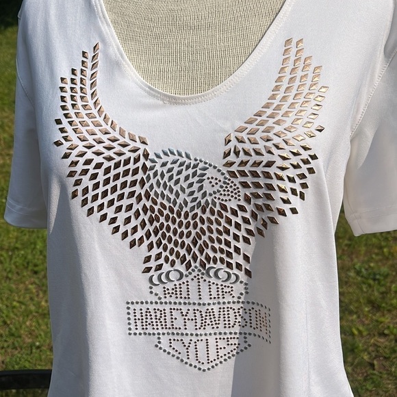 HARLEY DAVIDSON womens short sleeve shirt white with eagle in sequins, large - Picture 3 of 8